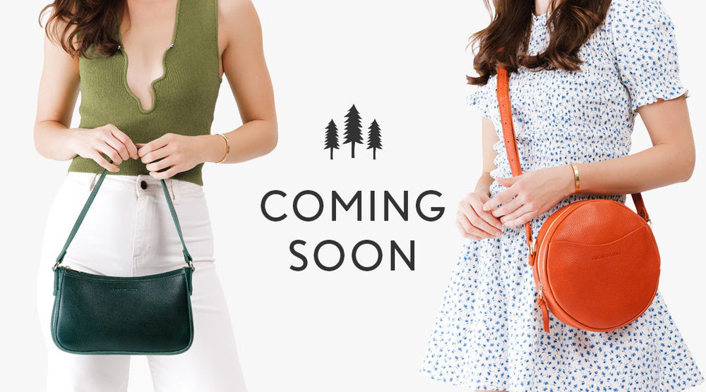 Two models carrying purses. Text says coming soon.