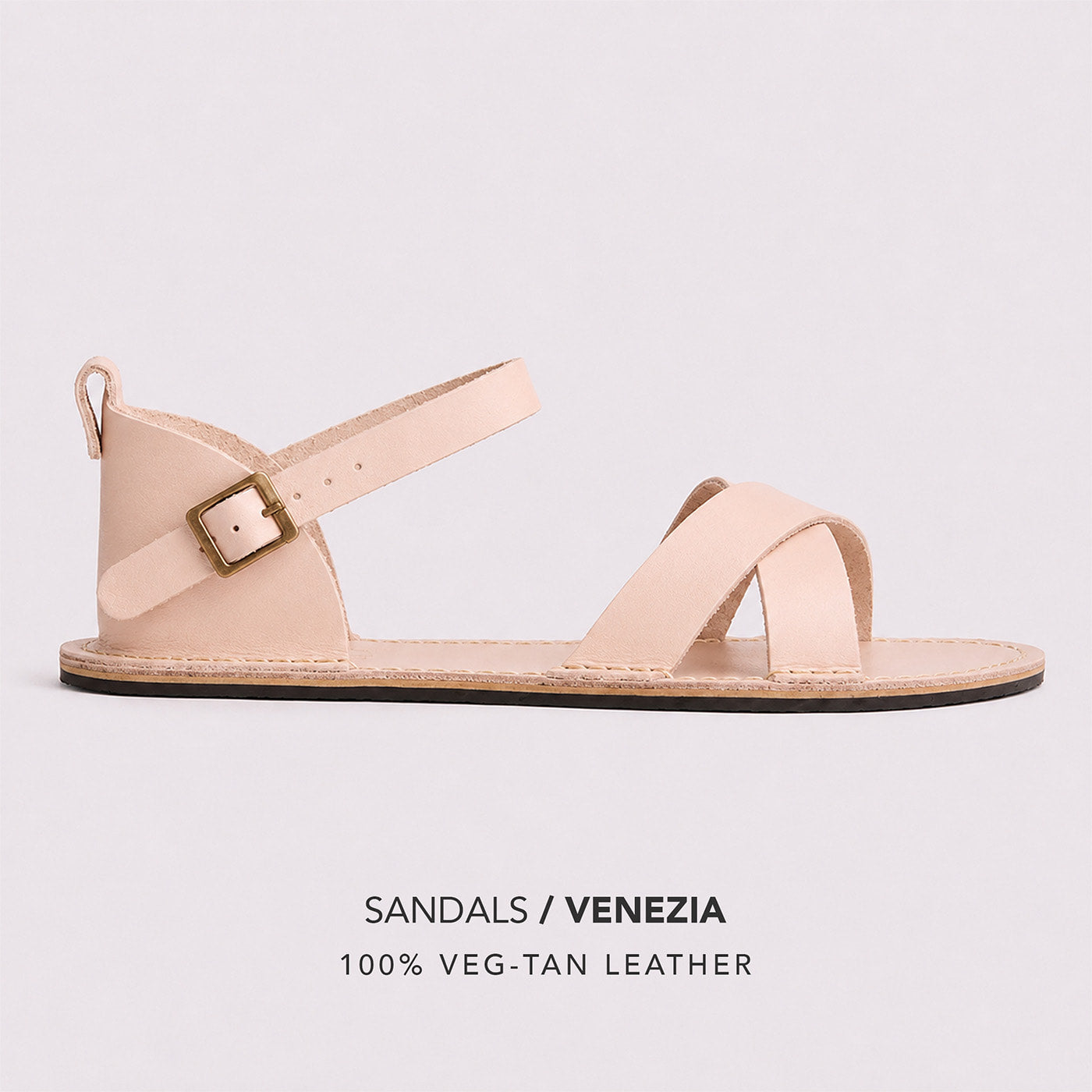 Crema | Flat leather sandals with ankle straps and debossed PLG three tree logo in soles, shown on a light gray background with text below reading 'SANDALS / VENEZIA' and '100% VEG-TAN LEATHER'.