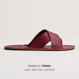 Marsala | Flat leather sandal with debossed PLG three tree logo in sole, text reads "Sandals Roma 100% Veg Tan Leather"