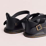 Nero | Flat leather sandals with ankle straps and debossed PLG three tree logo in soles