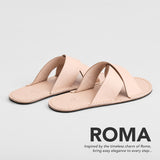 Crema | Flat leather sandals with debossed PLG three tree logo in sole, text reads "Roma. Inspired by the timeless charm of Rome, bring easy elegance to every step..."