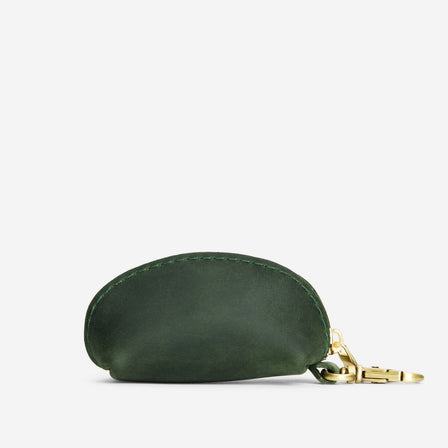 Evergreen | Taco shaped leather pouch with zipper and swivel lobster clasp on white background