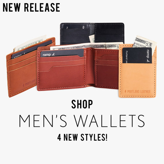 Four open men's wallets on a white background, promotional text for new release and styles.