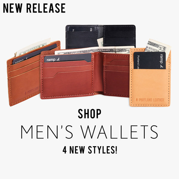 Four open men's wallets on a white background, promotional text for new release and styles.