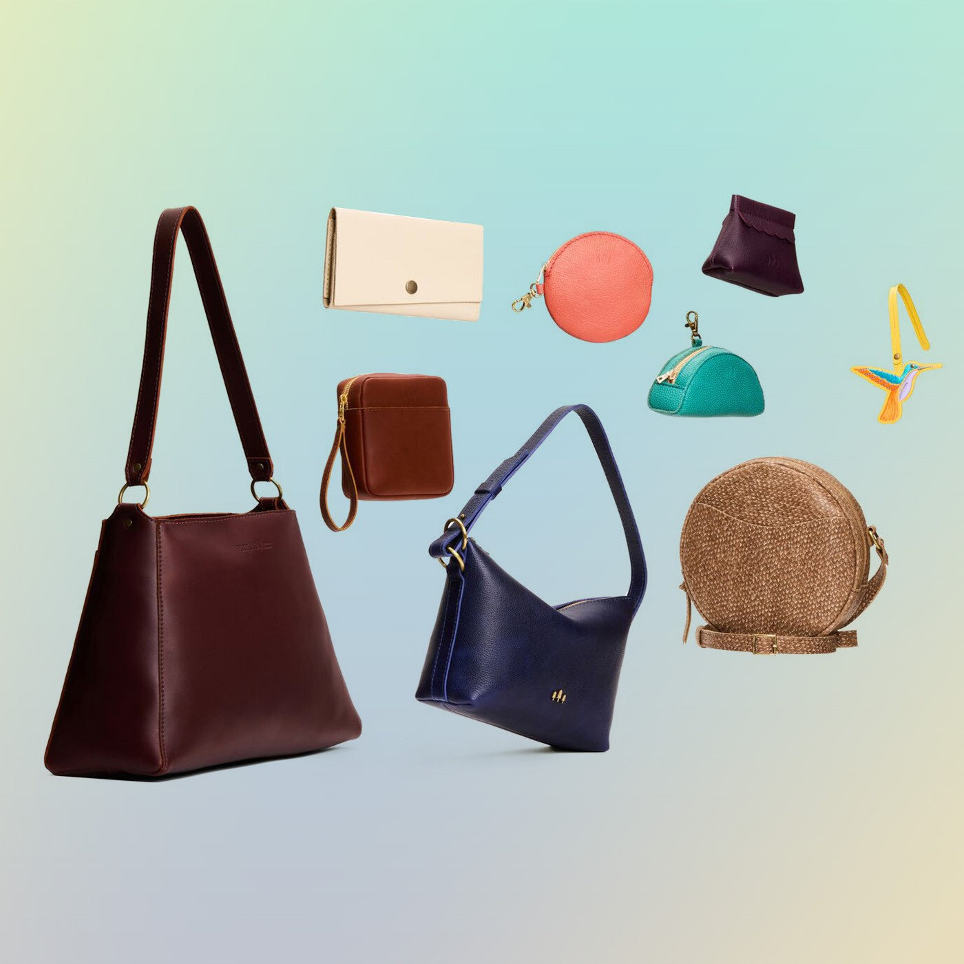 All Variants | a collection of three bags and six small goods on a gradient background