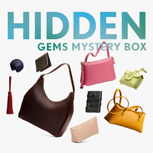 A collection of bags and small goods with the title Hidden Gems Mystery Box