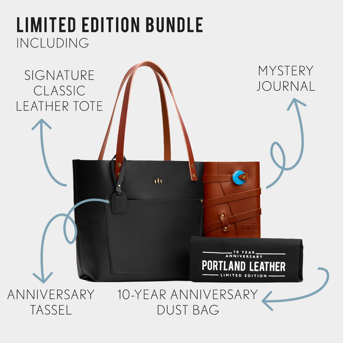 Black*Classic | Bundle of Leather Tote Bag with bridle leather handles, Mystery journal, dust bag, and tassel
