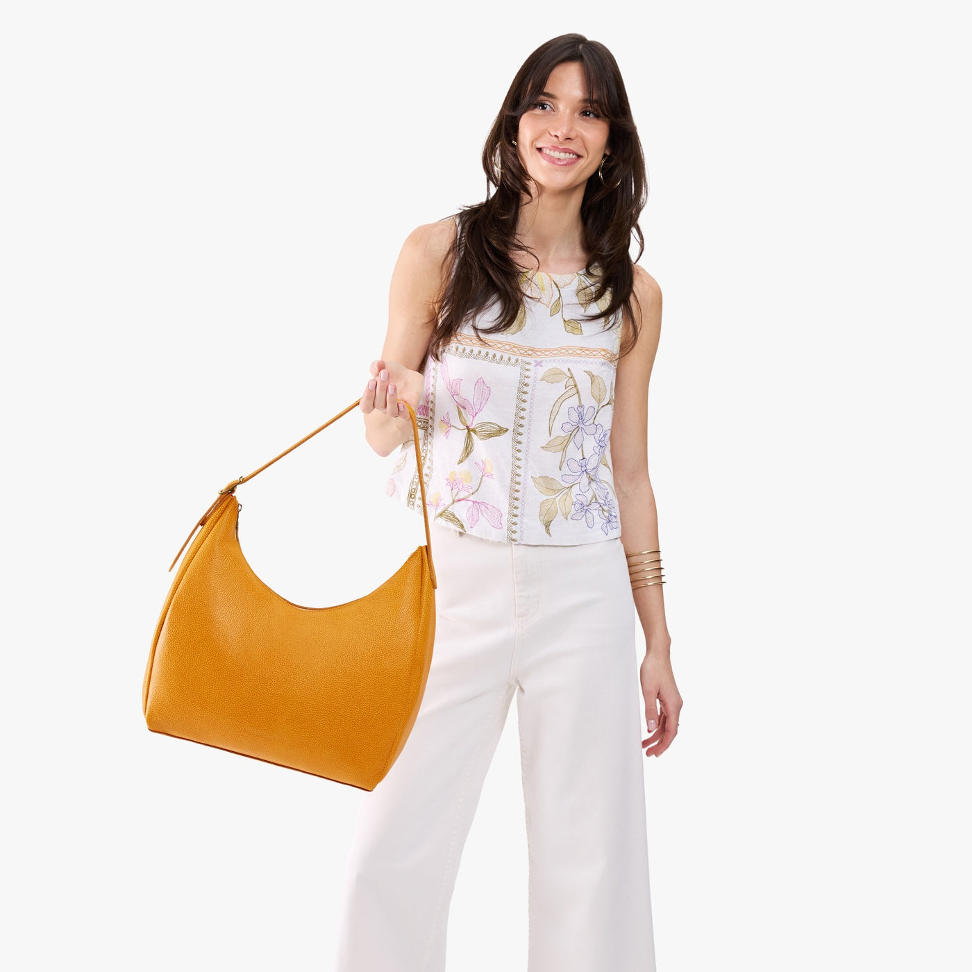 Sunshine*Large | U-shaped, flat-bottomed leather shoulder bag with adjustable strap