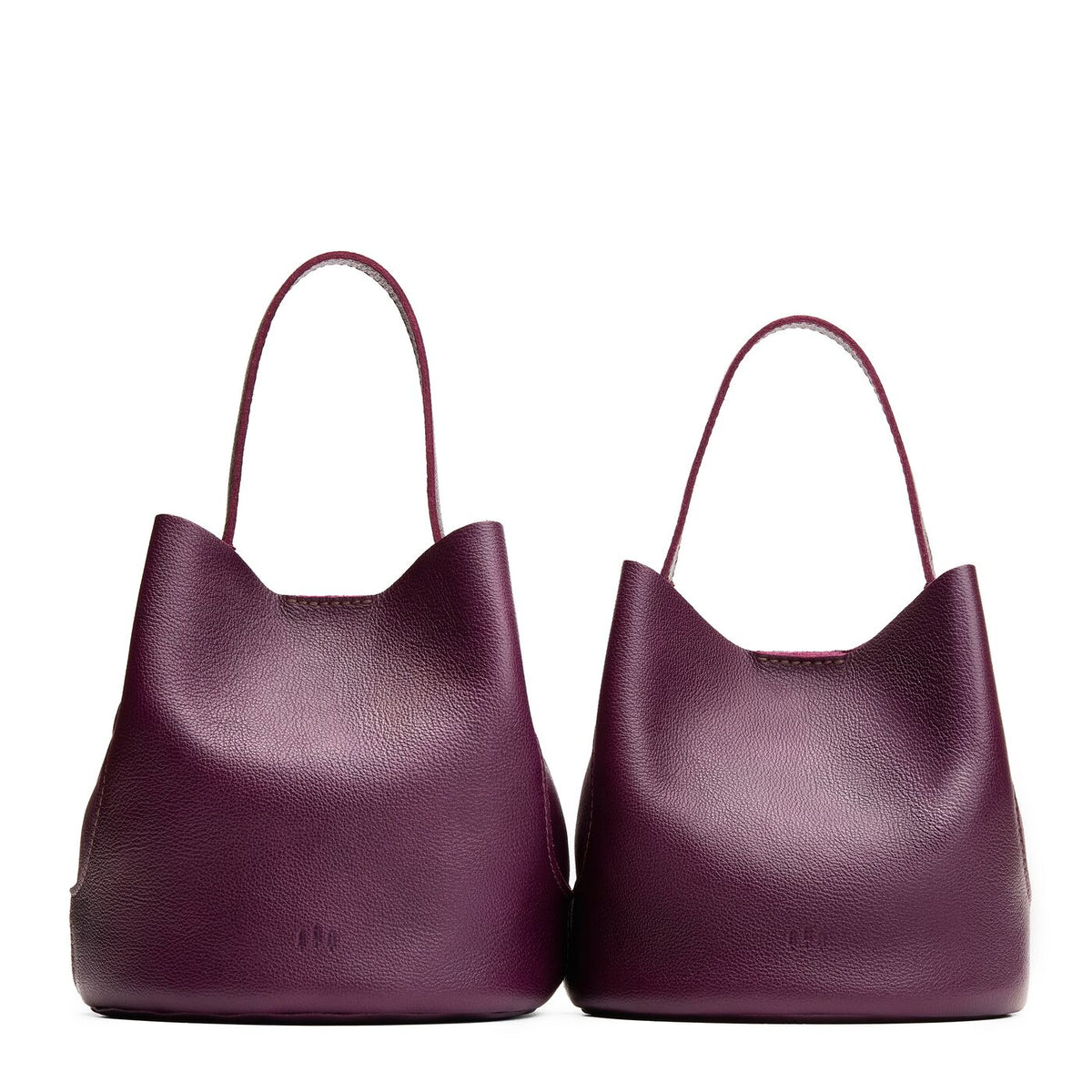 Plum | Size comparison image of two symmetrical leather bucket bags