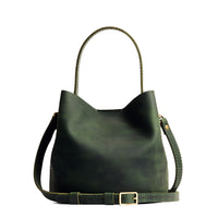 Evergreen*Small | Symmetrical bucket bag with handle, latch closure, and removable crossbody strap