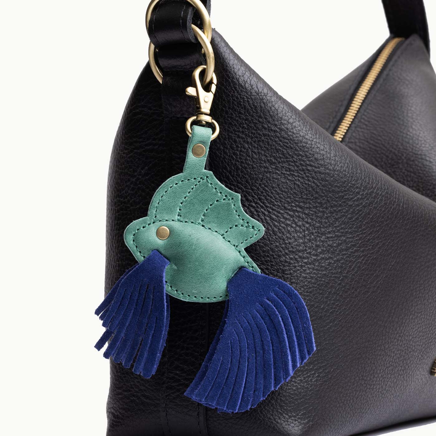 Joni Blue | Leather betta fish shaped keychain with tassel fins and metal lobster clasp