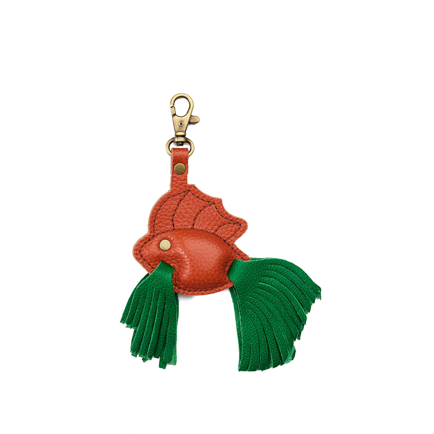 Jolly Green | Leather betta fish shaped keychain with tassel fins and metal lobster clasp