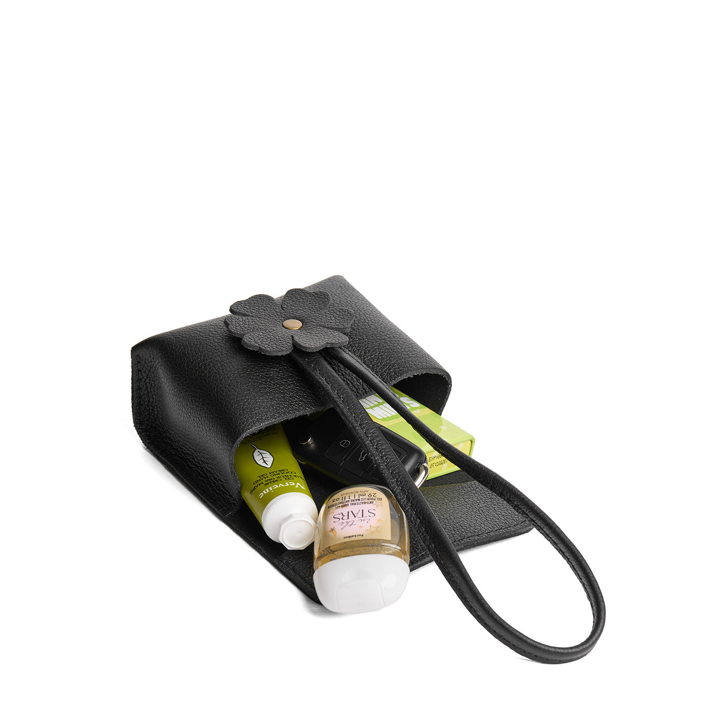 Pebbled--black | Wristlet pouch with loop strap and a flower design