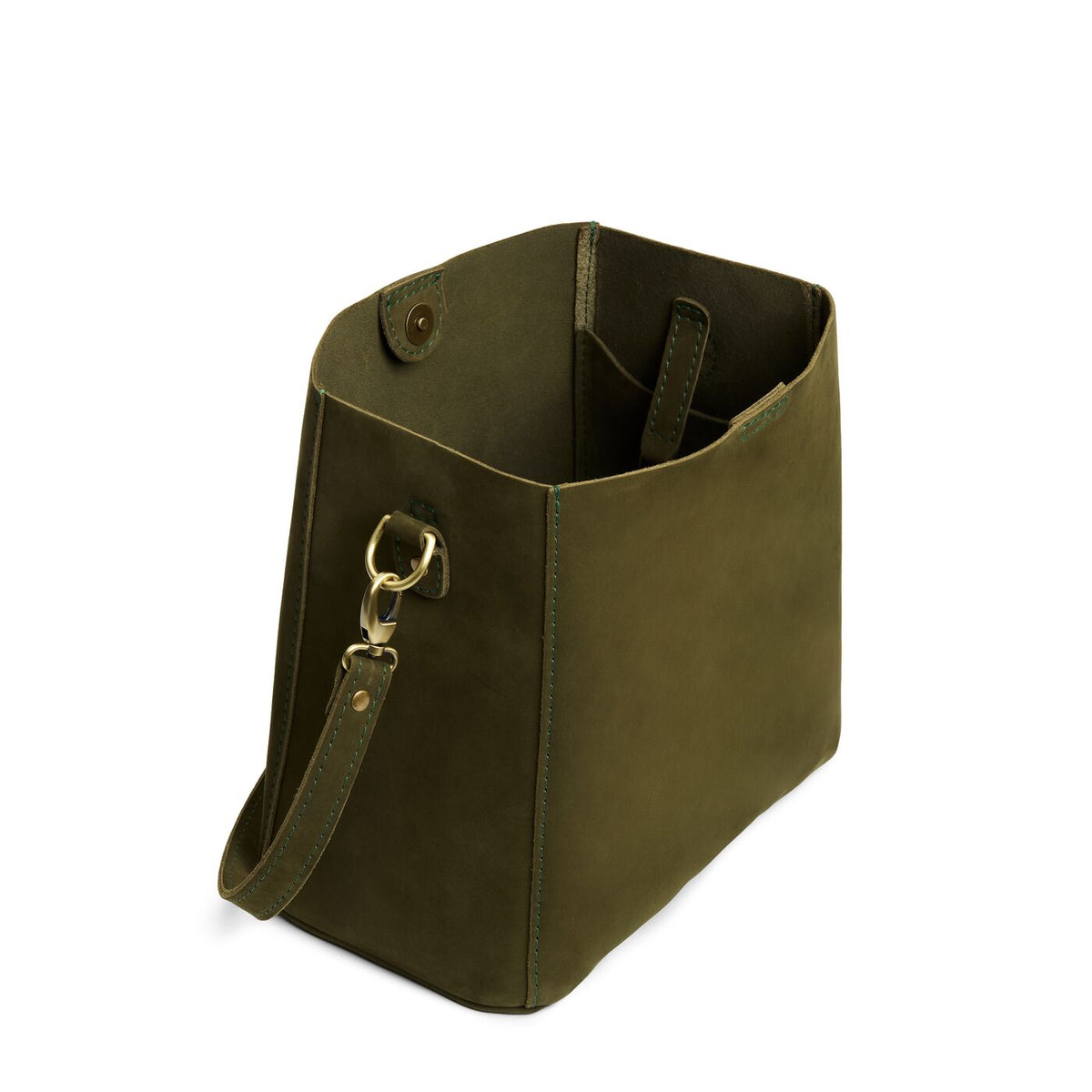 Verdant | Symmetrical bucket bag with latch closure and removable crossbody strap