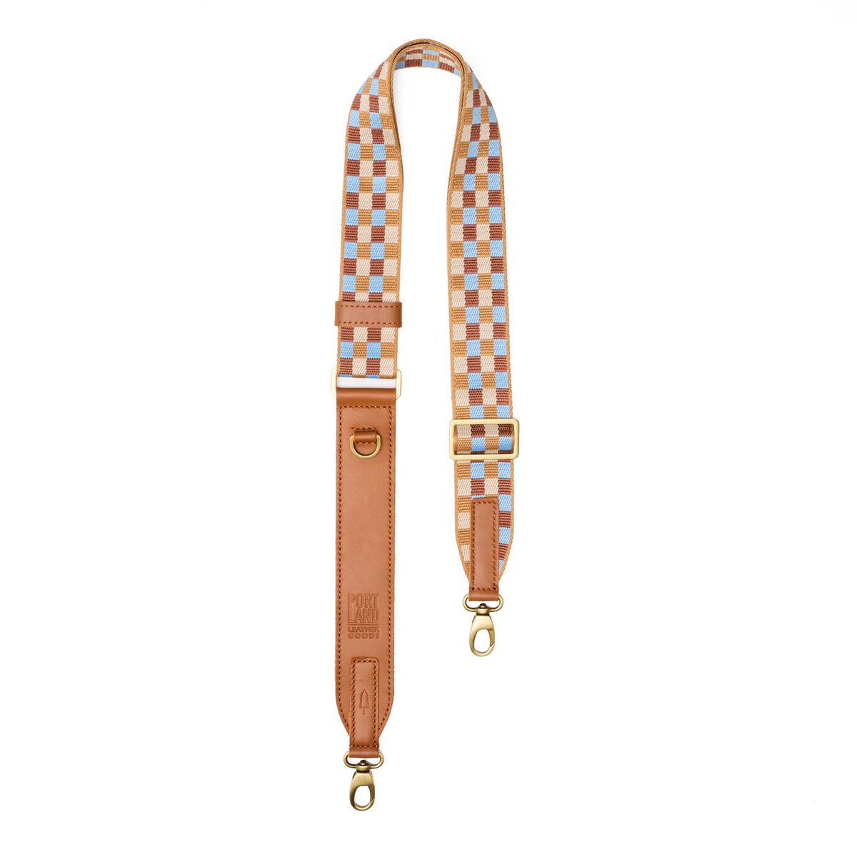 Shoreline | Blue, peach, and tan checkered adjustable crossbody strap and lobster clasps