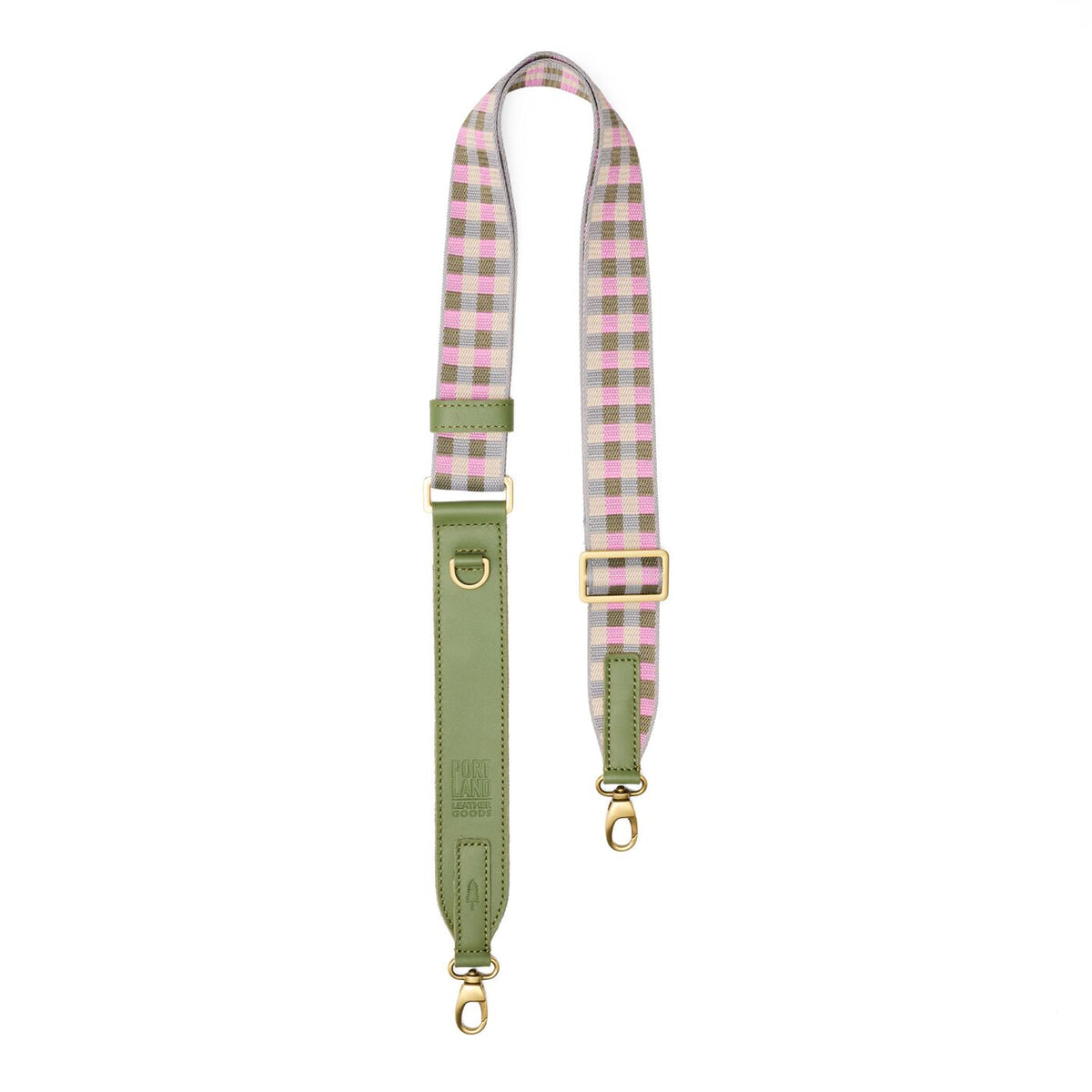 Tea Rose | Green and pink checkered adjustable crossbody strap and lobster clasps 