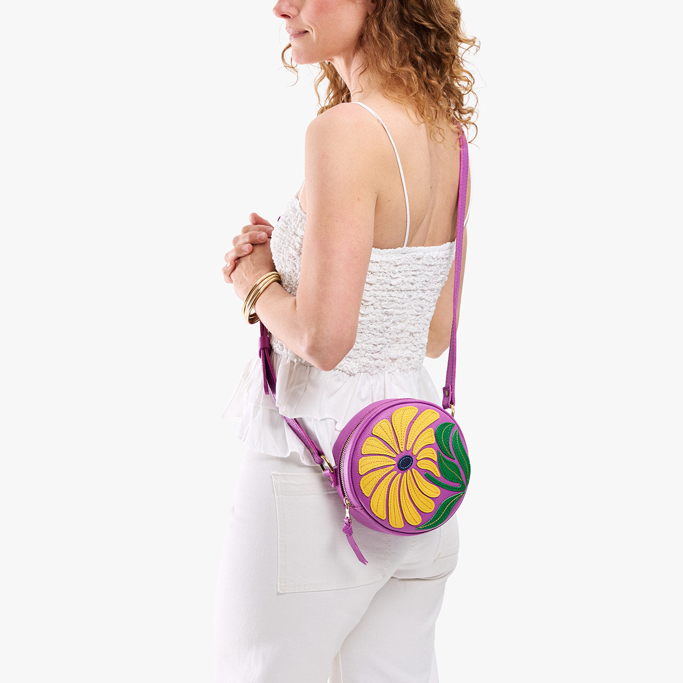 Wildflower Cattleya*Small | Model wearing circle shaped crossbody bag with top zipper