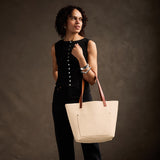 Pebbled Bone Classic | Large leather tote bag with sturdy bridle handles and front pocket