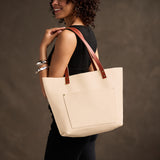 Pebbled Bone Classic | Large leather tote bag with sturdy bridle handles and front pocket