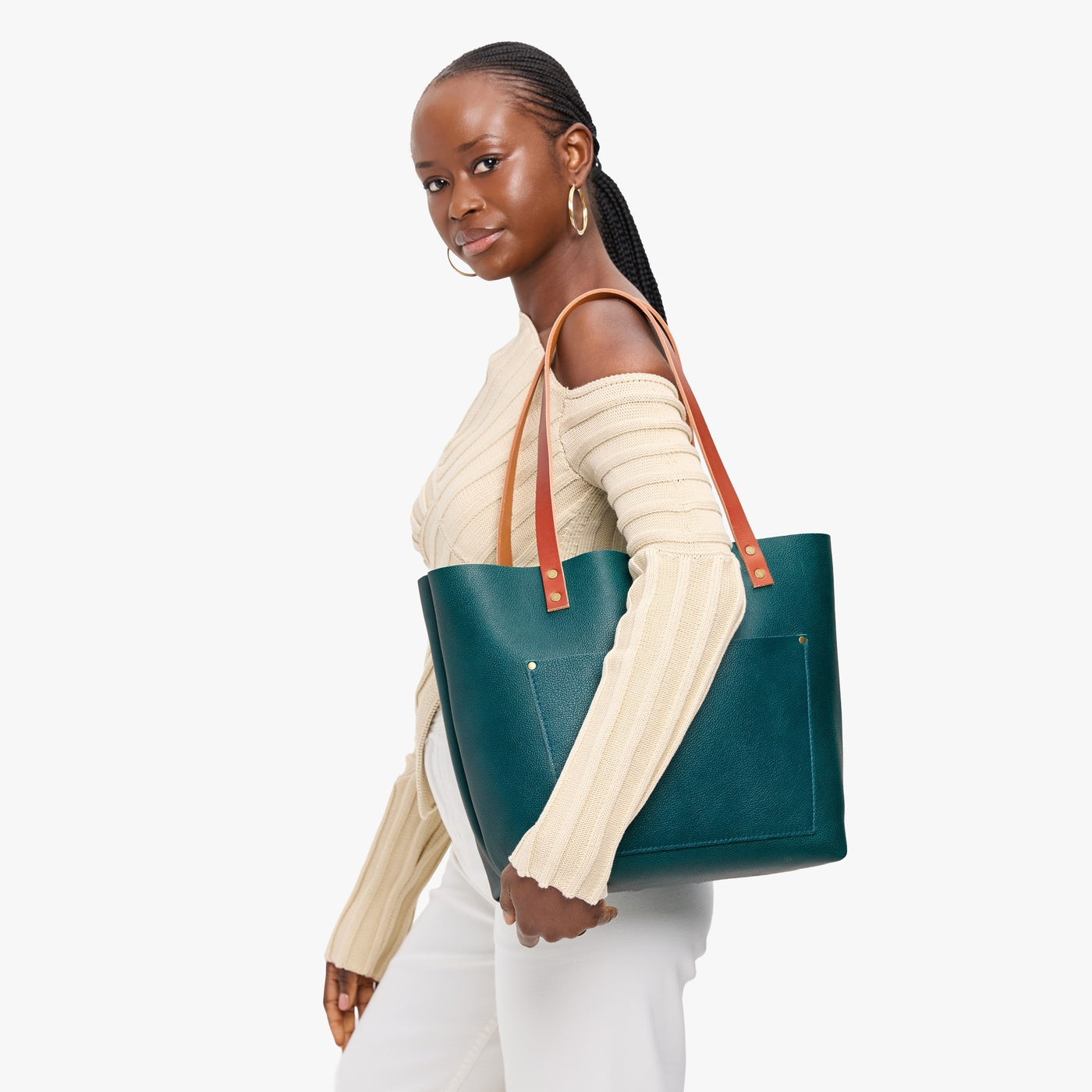 Sea Glass*Classic | Large leather tote bag with sturdy bridle handles and front pocket