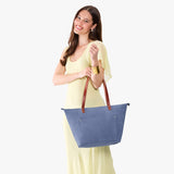 Denim Zipper | Large leather tote bag with sturdy bridle handles and front pocket