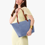 Denim Zipper | Large leather tote bag with sturdy bridle handles and front pocket