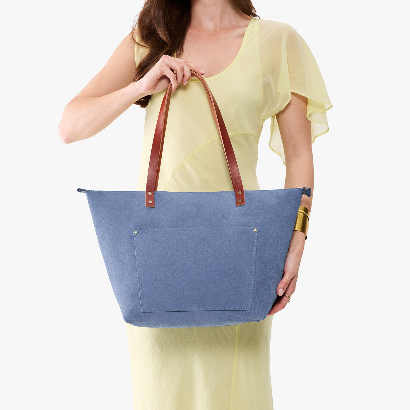 Denim*Zipper | Large leather tote bag with sturdy bridle handles and front pocket