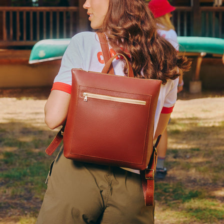 Nutmeg*Small | Small square slim leather tote backpack