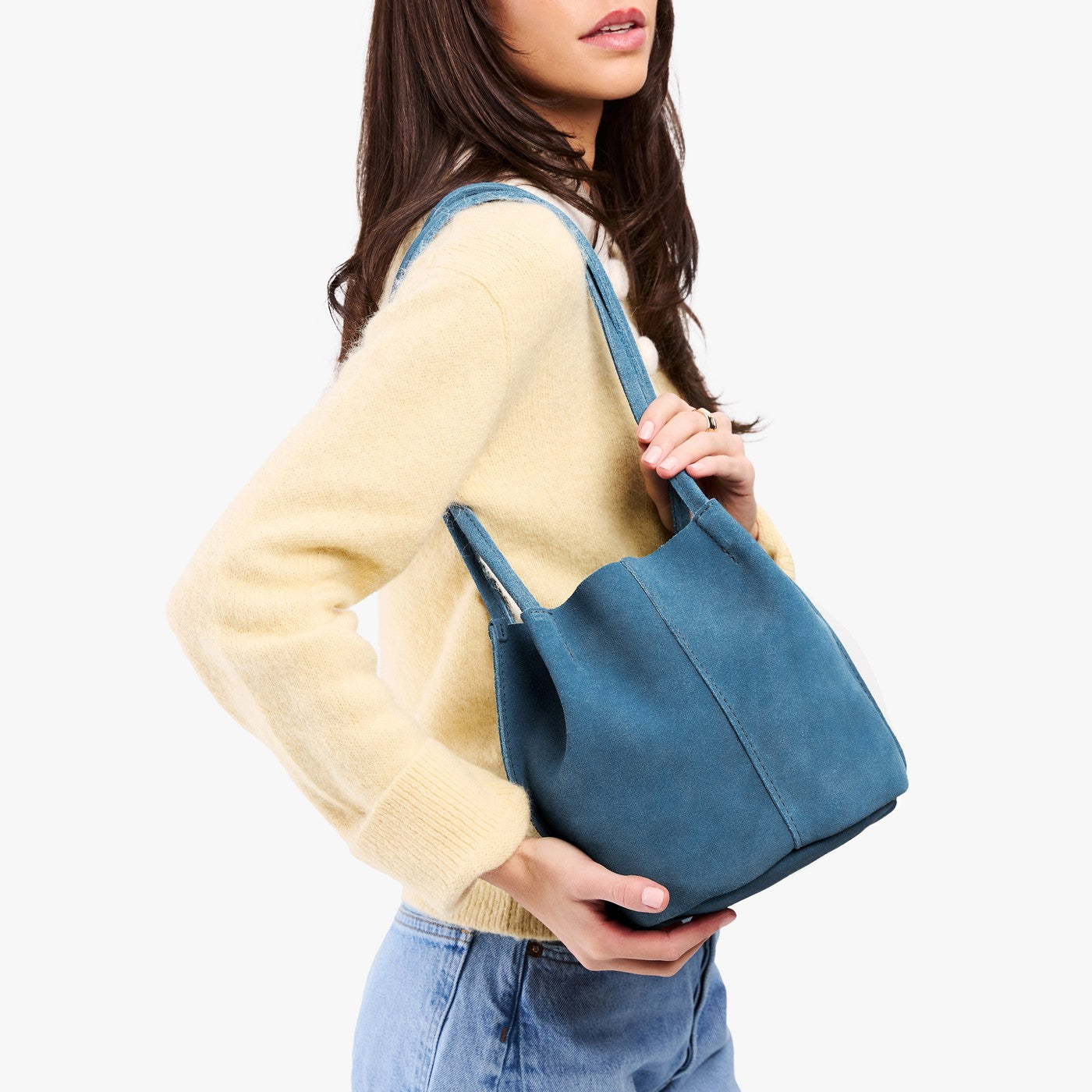 Mariner Blue*Classic | Model holding a  leather tote bag 