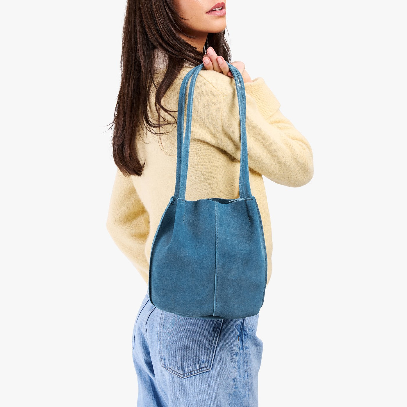 Mariner Blue*Classic | Petite bucket shaped tote bag with matching leather handles