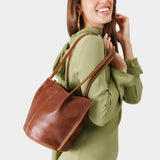 Nutmeg Small | Petite bucket shaped tote bag with matching leather handles