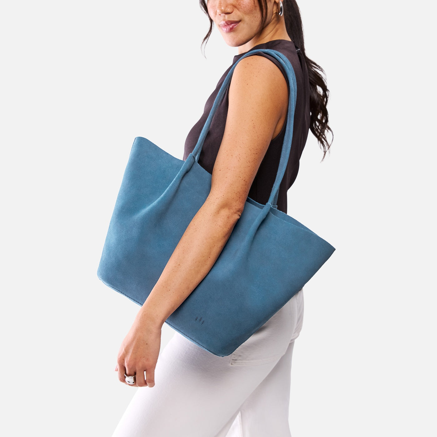 Mariner Blue*Oversized | Model holding a  leather tote bag 