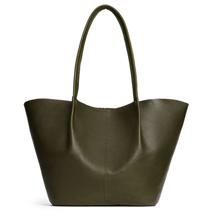 Pebbled Olive*Oversized | Extra wide bucket shaped tote bag with matching leather handles