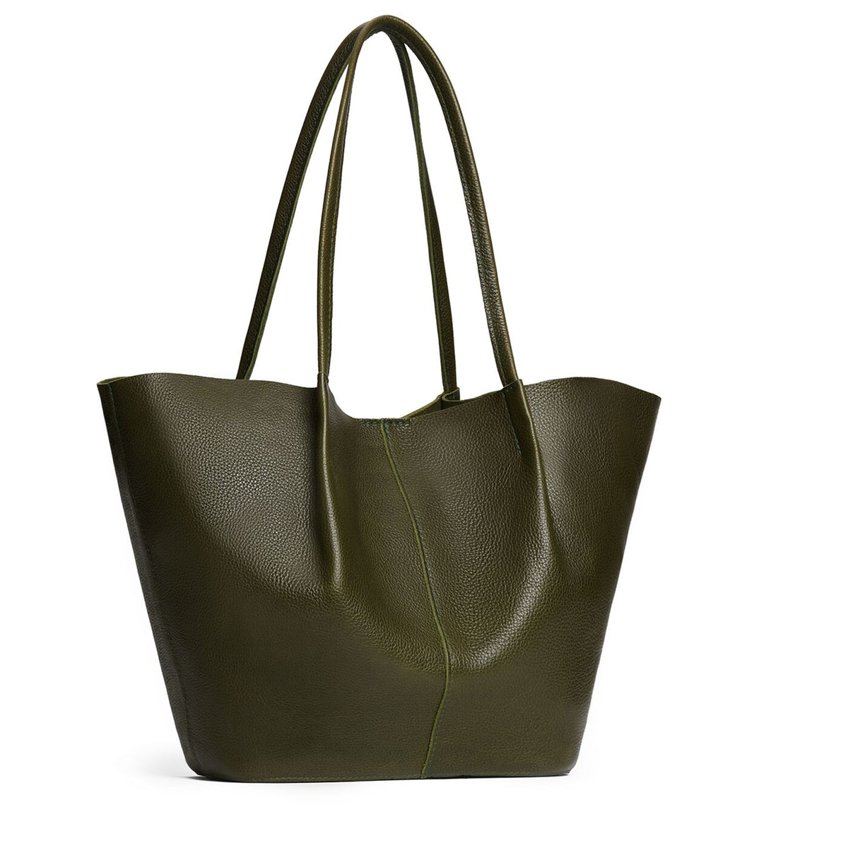 Pebbled Olive*Oversized | Extra wide bucket shaped tote bag with matching leather handles