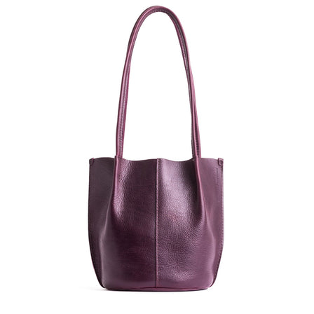 Plum*Large | Wide bucket shaped tote bag with matching leather handles