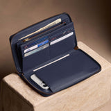 Anchor Blue | Full zip around wallet open with card and storage pockets