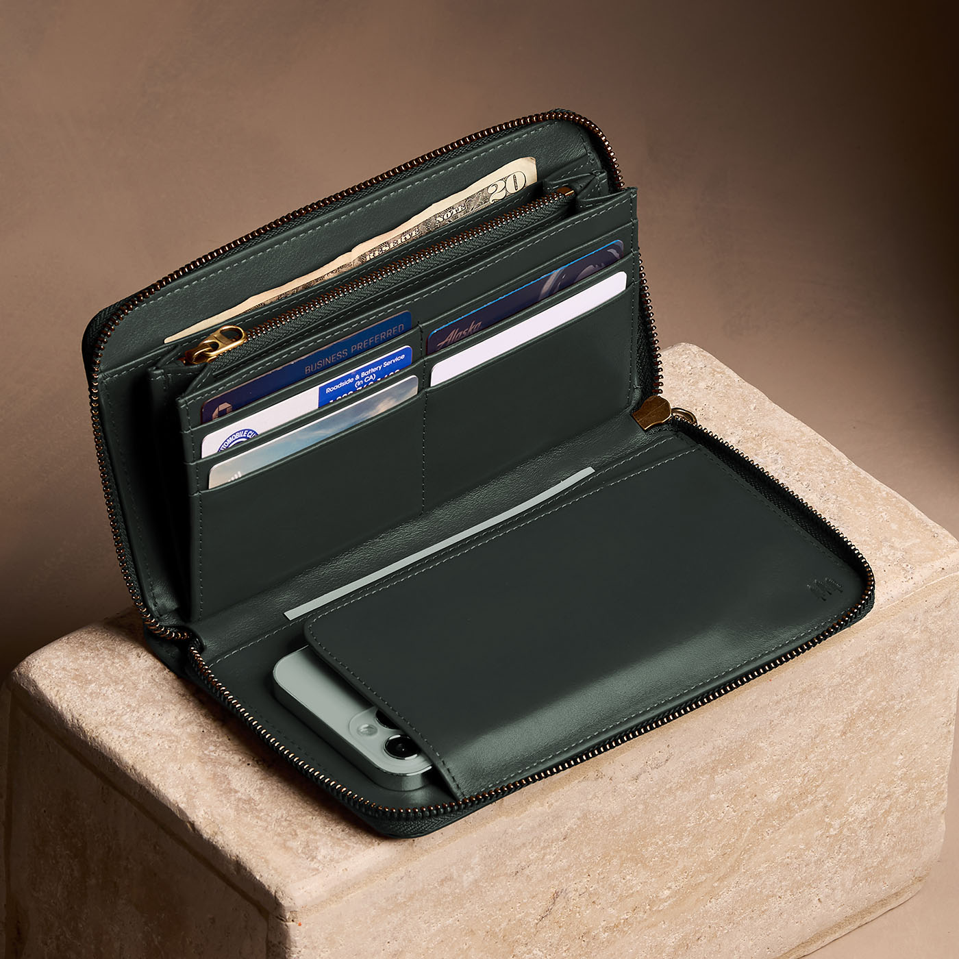 Regent Green | Full zip around wallet open with card and storage pockets