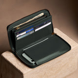 Regent Green | Full zip around wallet open with card and storage pockets