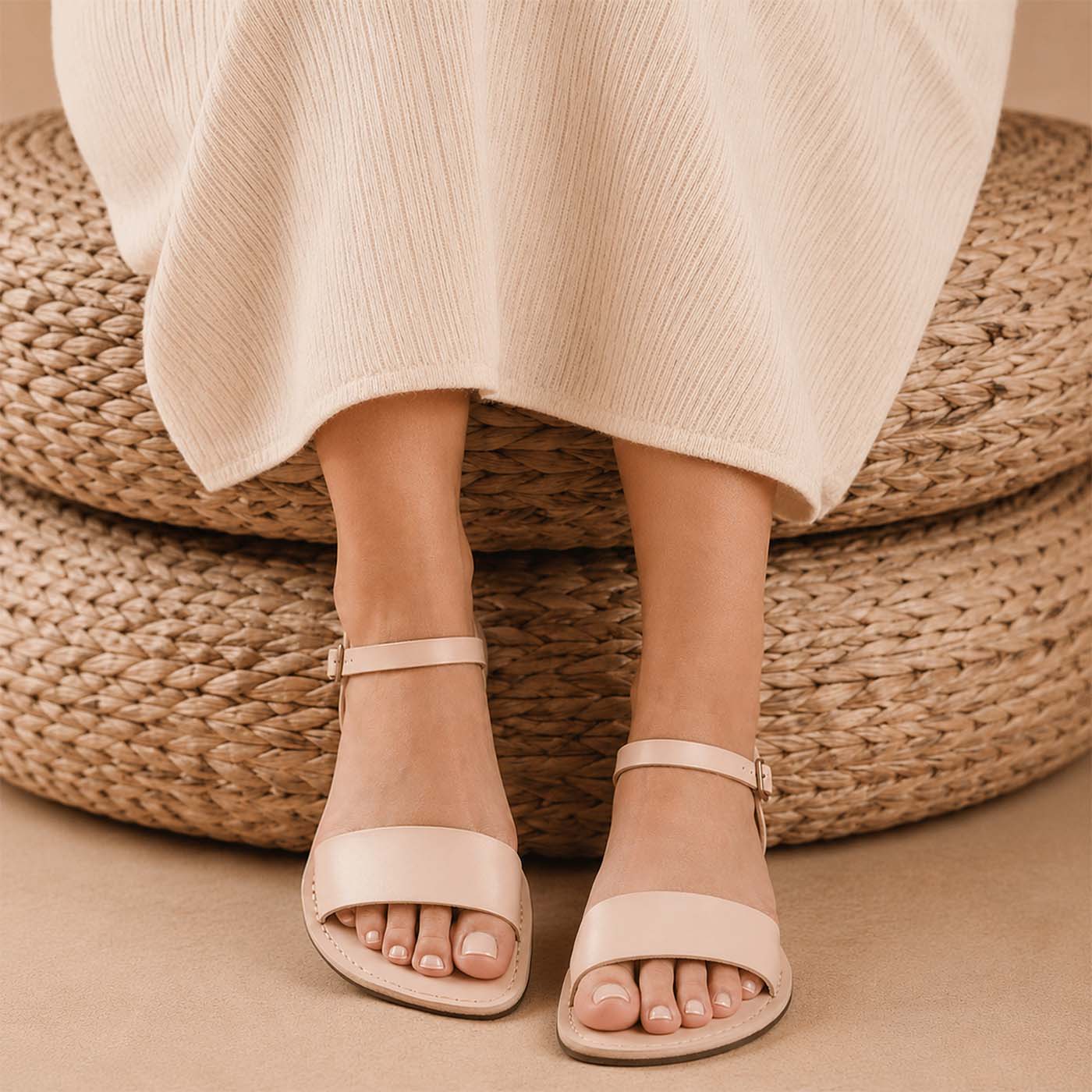 Crema | Close-up of a person wearing light green cropped pants and cream flat sandals with an ankle strap and buckle, shown against a plain background.
