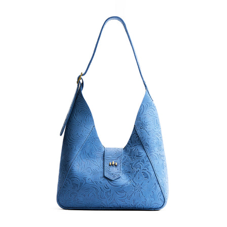 Cornflower | Structured hobo shoulder bag with floral patterned embossed leather, adjustable strap and magnetic closure