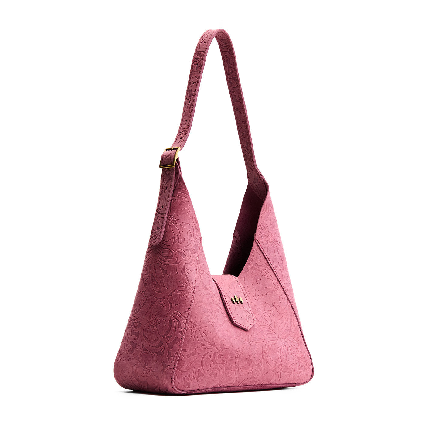 Hollyhock | Structured hobo shoulder bag with floral patterned embossed leather, adjustable strap and magnetic closure