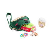 Bacalar | Frog-shaped pouch with zipper opening, wristlet and products displayed