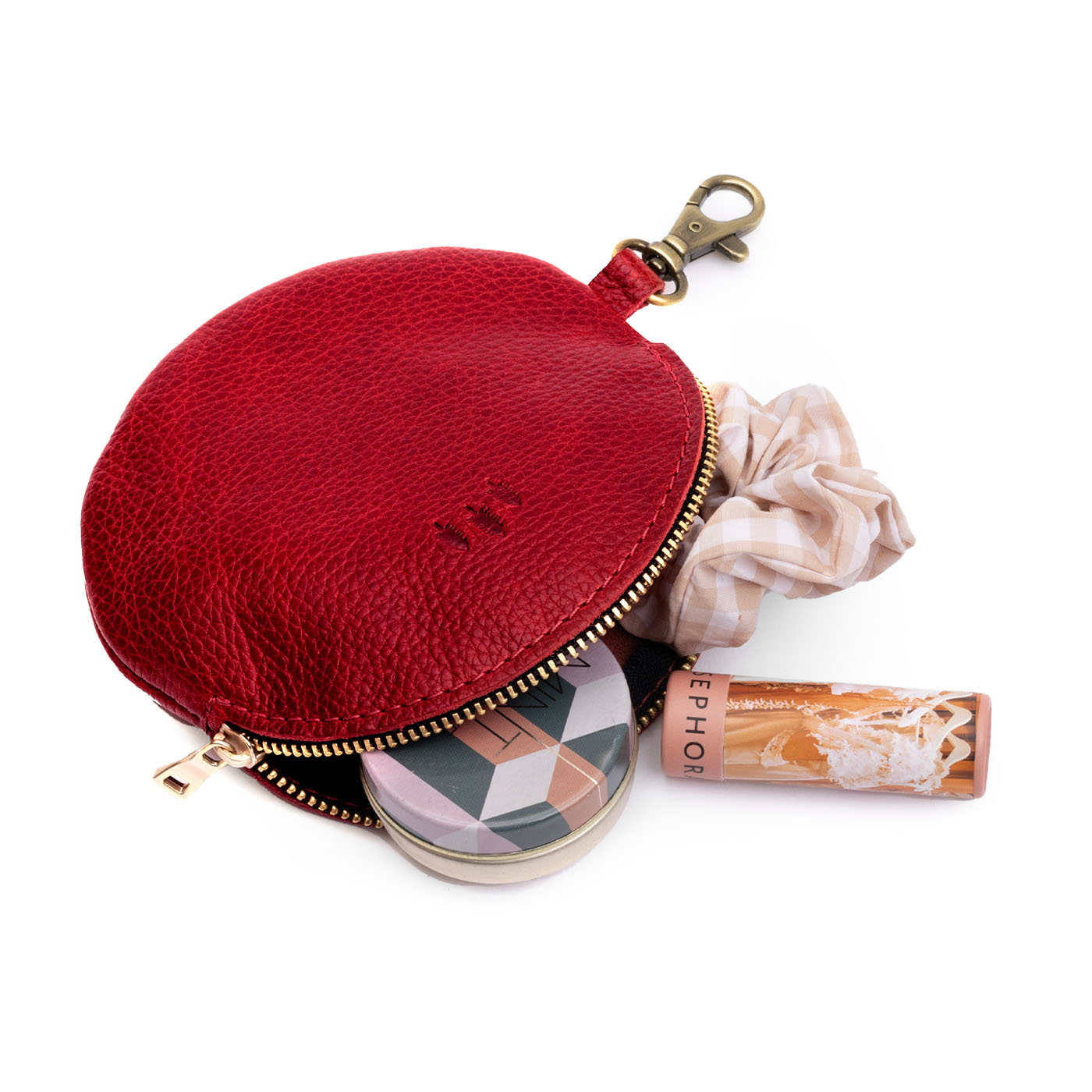 Chili Red | Leather flat round keychain pouch
