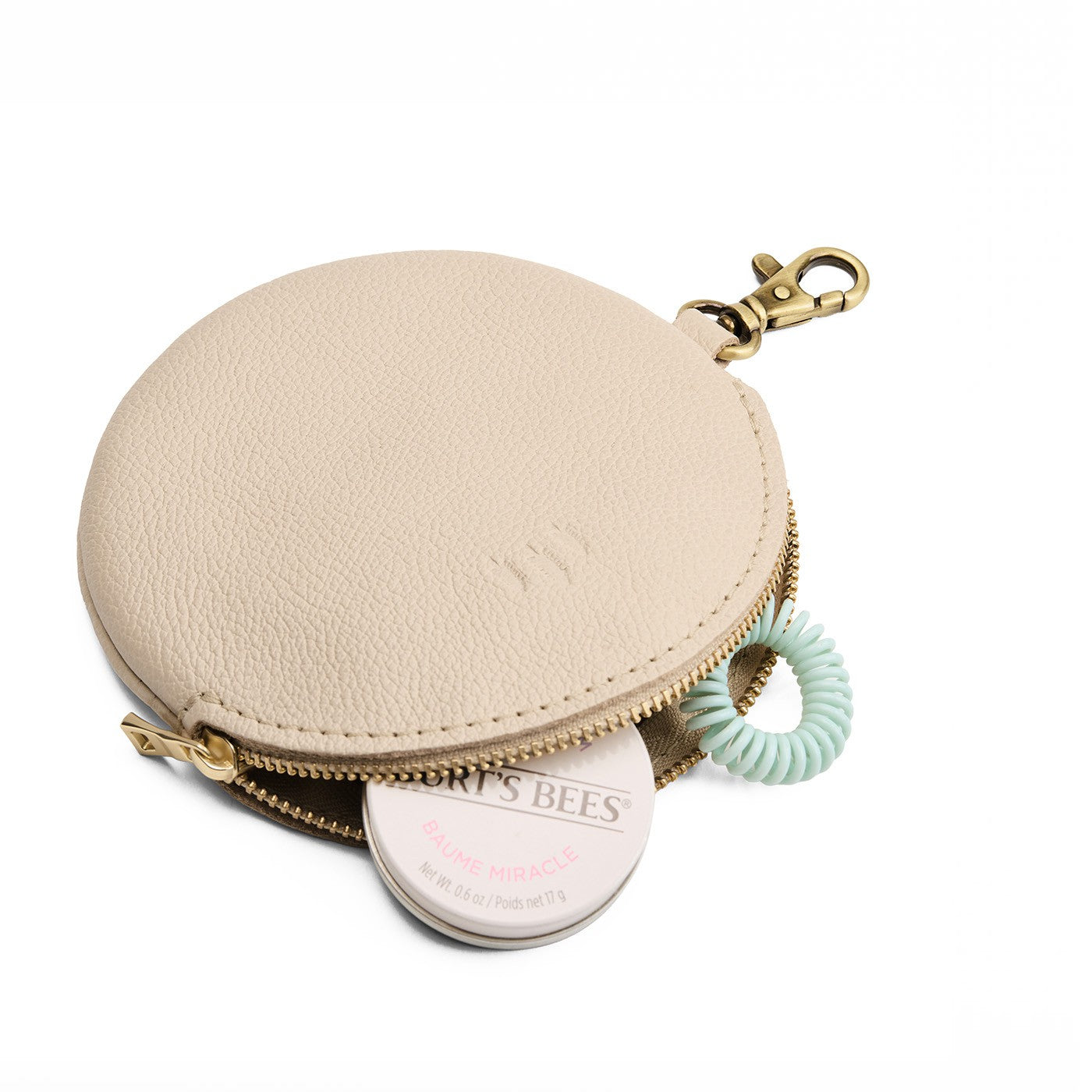 Pebbled Bone | Leather flat round keychain pouch