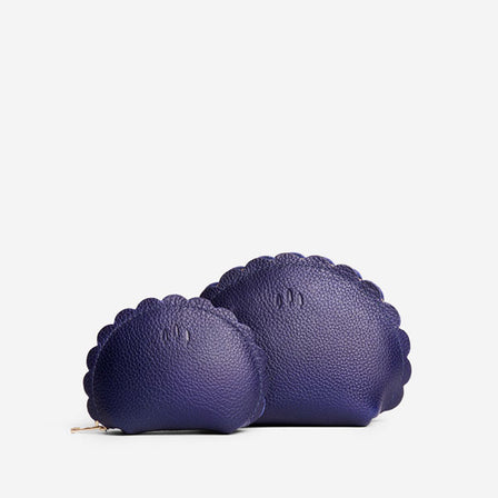 Cobalt*Small | Curved leather pouch with zipper and scalloped edges