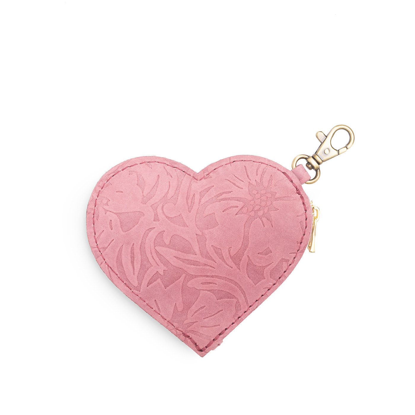 Hollyhock | Heart-shaped leather pouch keychain with zipper top and lobster clasp