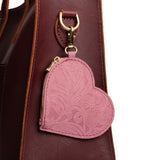Hollyhock | Heart-shaped leather pouch keychain with zipper top and lobster clasp