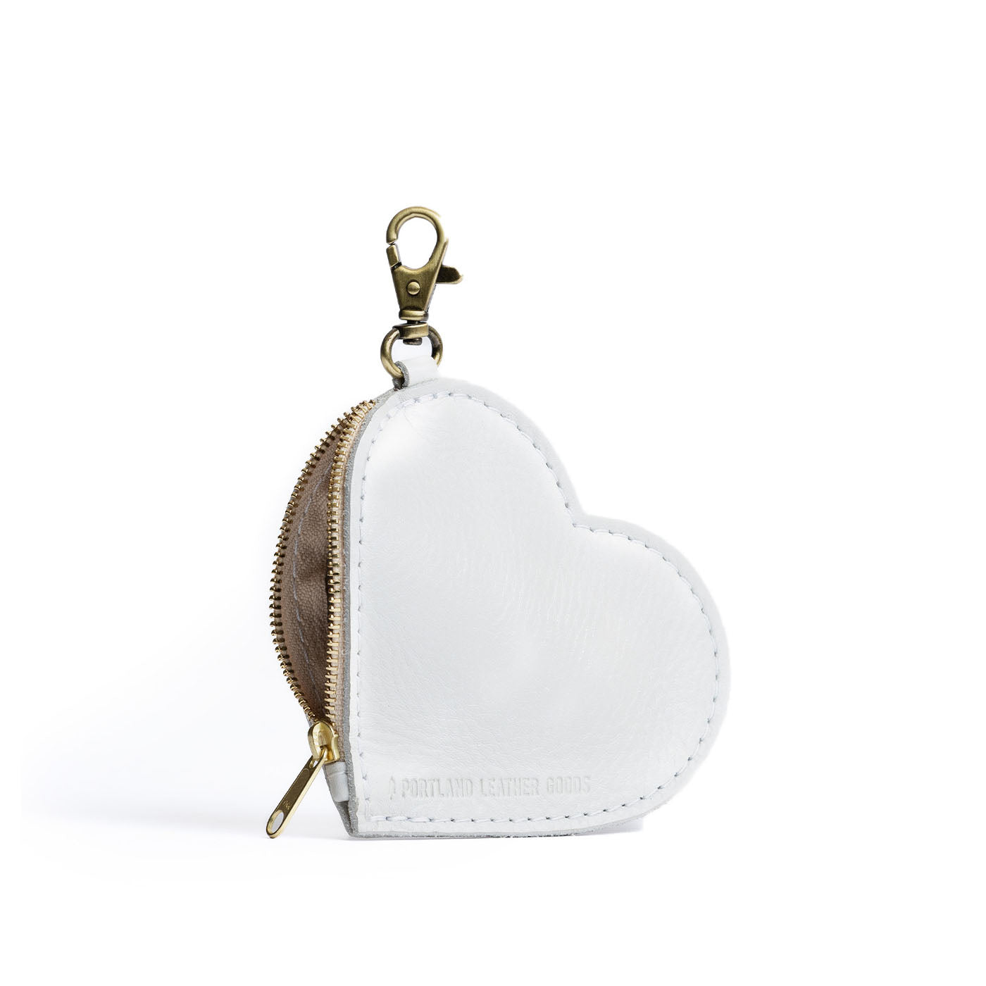 Pearl | Heart-shaped leather pouch keychain with zipper top and lobster clasp