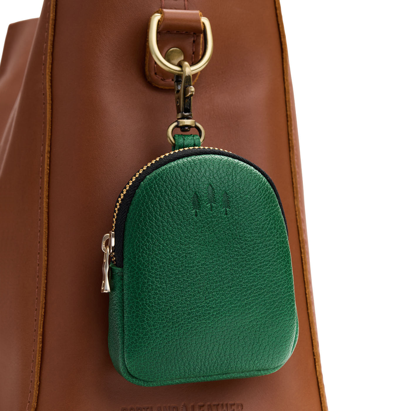 Bacalar | Leather keychain pouch with zipper top, swivel lobster clasp, and debossed emblem of three PLG trees