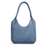 Denim Large | U-shaped, flat-bottomed leather shoulder bag with two outside pockets